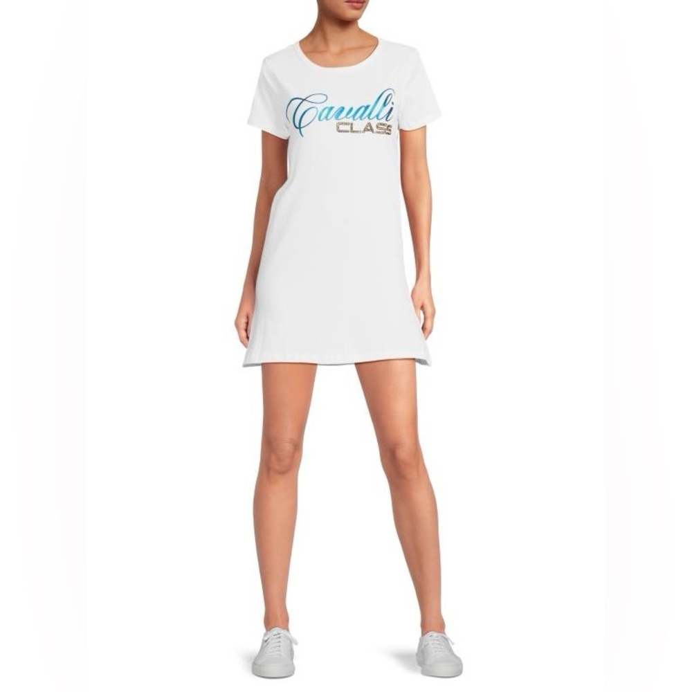 NWT Cavalli Class by Roberto Cavalli Logo T-Shirt Minidress White Size Large